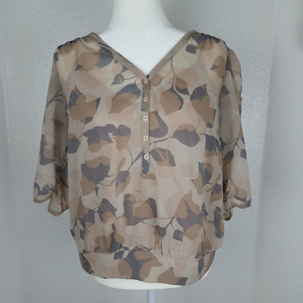 Nicole Miller Beige and Taupe Floral Sheer Blouse
